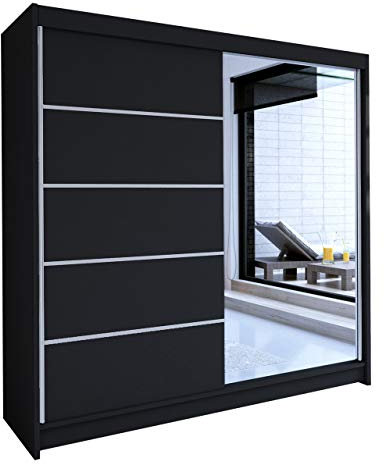 Mirjan24 Schwebetürenschrank Talin III Aluminiumgleitschienen Schiebetürenschrank mit Kleiderstange Einlegeboden Kleiderschrank Schlafzimmer Diele & Flur (Schwarz/Schwarz + Spiegel, ohne Beleuchtung)