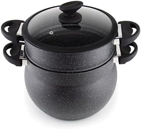 Royal Swiss Couscous & Steam Pot 10 L - Aluminium with Stone Coating - For All Hobs Including Induction - Glass Lid with Steam Outlet - Black (10L)