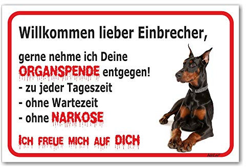 AdriLeo Schild - Vorsicht schwarzer Dobermann - Willkommen lieber Einbrecher - (30x40cm) / Achtung Hund Wachhund deutscher Hund robust langlebig UV-beständig wetterfestes Warnschild