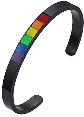 HIJONES LGBT Pulsera Arco Iris Amor Orgullo 60MM C Brazalete para Gay Lesbianas Acero Inoxidable Negro