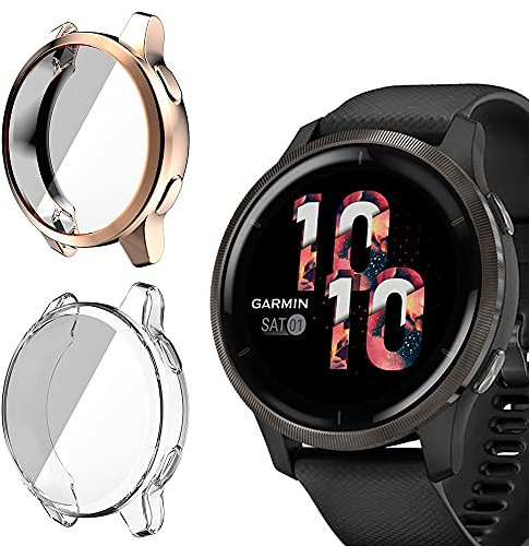 Niboow Funda [2-Piezas] Compatible con Garmin Venu 2S, con Protector de Pantalla, Protección Completa Carcasa para, TPU Flexible antirrayas Protectora para Garmin Venu 2S-Claro+Rosa Oro