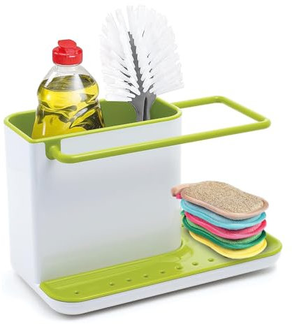 VR7 Caddy Sink Area Organiser - White/Green Kitchen Sponge Holder Soap Organizer Cloth Hanger Multi-Purpose Sinkware Caddy for Kitchen with Drip Tray Rust Proof for Dishwashing Tools Pack of 1