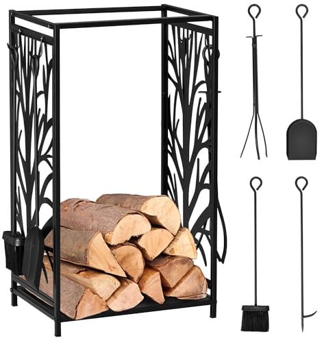 HOMCOM Steel Firewood Log Holder Indoor Outdoor Firewood Rack Fireplace Wood Storage Shelf with 4 Tools, Hooks, Tree Pattern Design, Rust-Resistant, Black, 46W x 30D x 70H cm