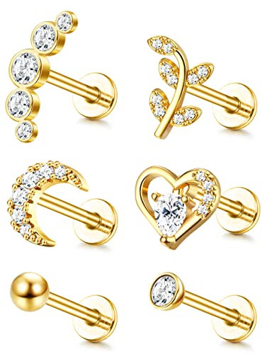 Adramata 6 Pièces 16G Cartilage Tragus Boucles D'oreilles Pour Femmes Hommes Fileté À L'intérieur CZ Lune Coeur Feuille Helix Conque Labret Monroe Oreille Piercing Bijoux