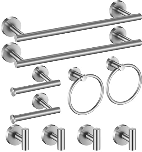 Hinmood Set di accessori da bagno da 10 pezzi, set di portasciugamani in acciaio inossidabile SUS 304 include 2 confezioni di portasciugamani da 40,6 cm, 4 ganci per asciugamani, 2 confezioni di
