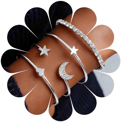 Aneneiceera Mond Stern Armband Handkette Boho Strass Offene Manschette Silber Armbänder Set Hochzeit Schmuck Geschenke Für Frauen Teenager-Mädchen 4-teiliges Set (Silber)