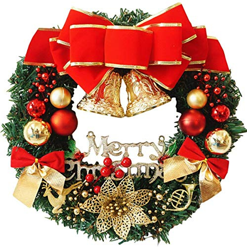 H&W Kleiner Weihnachtskranz (11,8 Zoll/30 cm) für Haustür Wandfenster Künstlicher Weihnachtsstern Xmas Dekoration mit Tinkle Bell Bowknot und kleinen Ornamenten (MC7-D1)