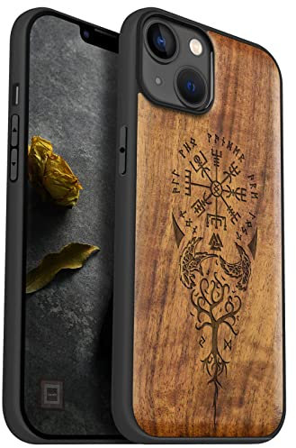 Carveit Magnetic Case for iPhone 14 Plus [Walnut Amulet] [Soft TPU Bumper] Shockproof Phone Case Compatible with 14 Plus Magsafe Wood Case (Viking Compass)