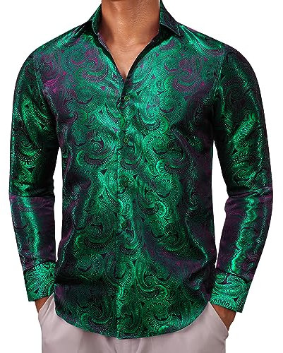 Barry.Wang Chemise classique en soie à manches longues pour homme Motif floral, Dégradé violet et vert, XXL