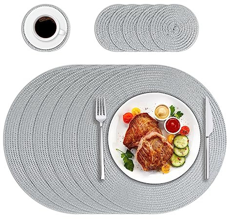 HPMAISON Grey Round Placemats and Coasters Set of 6, Polypropylene Braided Woven Table Mats Heat-Resistant Washable Kitchen Dining Place Mats Set of 6 for Home, Restaurant Hotel, Outdoor, Party
