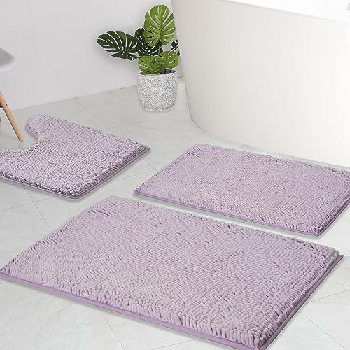 AINAHYVA Badezimmerteppiche Chenille Badematte 3-teiliges Set, Super Absorbent, Starke PVC rutschfeste Rückseite, Badteppich Plüsch Shaggy, Dick, Maschinenwaschbar, für Badewanne, Toilette, Lavendel