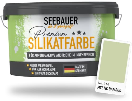 SEEBAUER diy Silikatfarbe Hellgrün 10L für Innen (No. 714 Mystic Bamboo) Atmungsaktive Mineralfarbe für Allergiker - Abwaschbare Wandfarbe - Grüntöne hohe Deckkraft