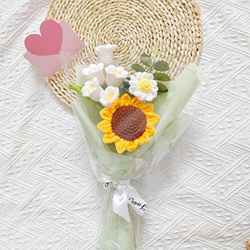 Cenyn Ramo de flores de ganchillo, tejido a mano, girasol, margaritas, lirio del valle, ramo de flores artificiales cálidas eternas, plantas sintéticas, decoración del hogar, regalo para madre, padre,