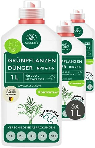 Bio Grünpflanzendünger flüssig 3 Liter (3x1L) - Konzentrat Dünger für Grünpflanzen - 100% Schnelldünger - Zimmerpflanzen-Dünger für 200 Liter Gießwasser - Grünpflanzen Dünger