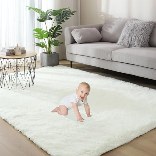 Gsogcax Rugs Living Room 5'x7' Super Soft Fluffy Area Rugs for Bedroom Shaggy Anti-Skid Comfortable Large Rugs Indoor Modern Home Decor Floor Carpet - White 160x200
