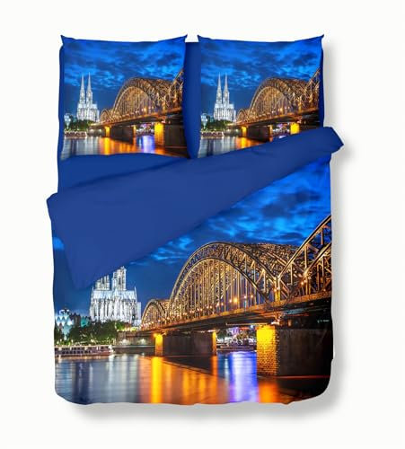 Köln Skyline Bettbezüge 135x200cm, Kathedrale und Hohenzollernbrücke bei Nacht, Königsblau Bettbezug aus Mikrofaser mit Reißverschluss Weich Kuschelige Bettwäsche-Sets, Pflegeleicht 3-teilig