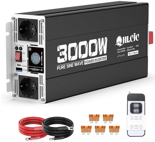 3000W Reiner Sinus Spannungswandler 12V auf 230V Spitzenleistung 6000W Wechselrichter mit Funkfernbedienung Type-C PD30W USB QC3.0 Port 2 EU Steckdose LCD-Display für Solares System Wohnmobil LKW KFZ