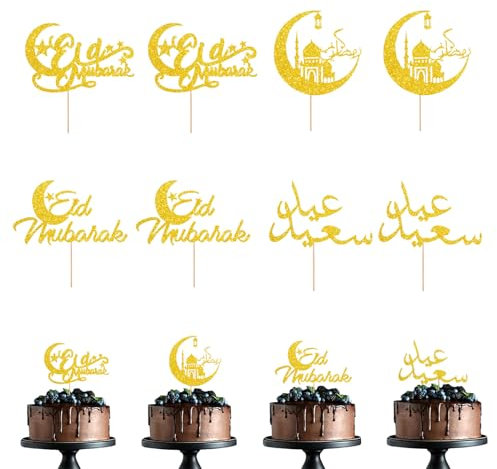 Eid Mubarak Cake Topper, 8 Stück Mond Stern Kuchen Topper Gold Glitzer Tortenaufsatz, Ramadan Kuchendeko Cupcake Picks für Eid Mubarak Party Dekoration Muslimische Deko
