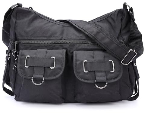 irisaa Damen Schultertasche, Canvas Multifunkionale Umhängetasche, Casual Handtasche mit vielen fächern Unisex, DKB Farbe:Schwarz