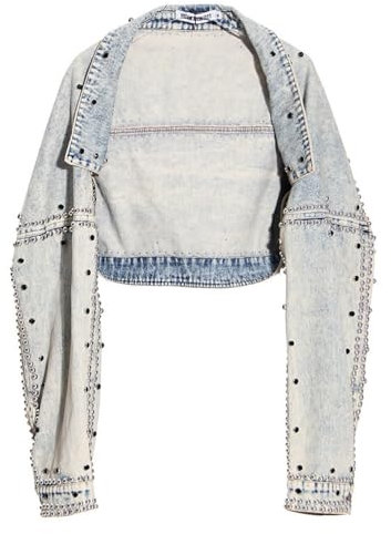 Crop Fitted Jeansjacke Für Damen – Gewaschene Distressed-Jeansjacke Mit Nieten, Diamantbesetzte Jeansjacke, Hellblaue Schal-Jeansjacke Mit Hoher Taille, Blau, S