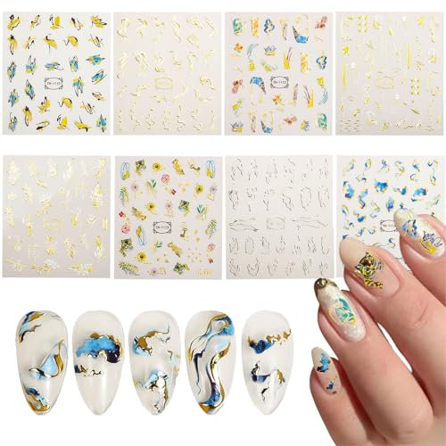 8 Blatt Maniküre Nagelsticker, Nagelsticker Selbstklebend, Maniküre Dekoration, DIY Nagel, Nageldesign Zubehör, Gold Dekoration, Nail Art Stickers, Marmor Nagel Aufkleber