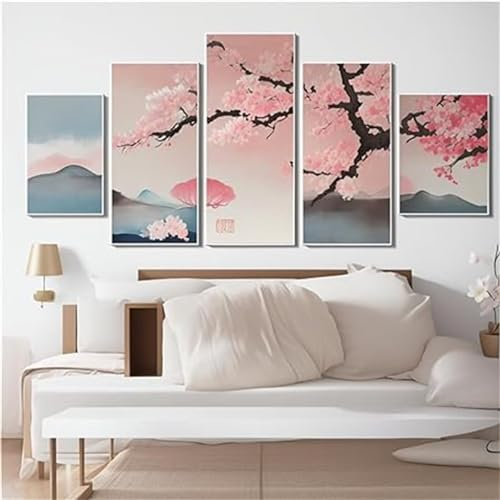 5 Stück Kirschbaum Diamond Painting Erwachsene, 5D Diamant Painting Bilder Kinde, DIY Voll Eckige Malen Nach Zahlen Diamant Malerei Arts basteln Set mit Zubehö, für Home Wand Dekor 200x100cm N-8753