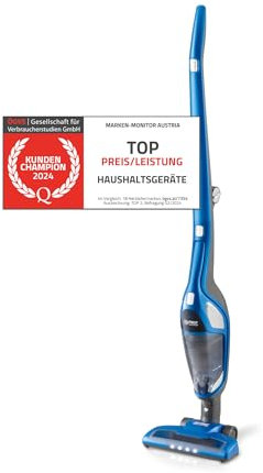 TZS First Austria 2in1 Stiel- und Handstaubsauger | bis zu 60 min Akkulaufzeit | Bodenbürste mit LED-Licht | Wandladestation | Beutellos | Kabellos | blau