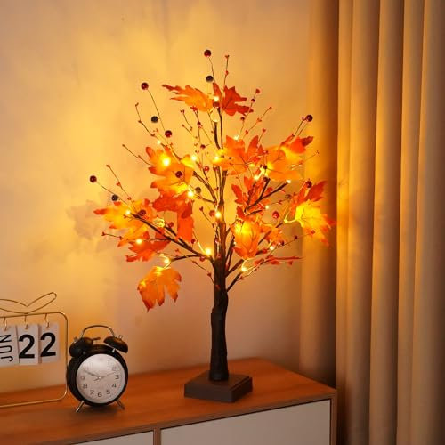 ACAREY Herbstdeko Ahornblatt Baum Lichter mit Timer, Herbst Deko Lichterbaum Für Innen, 60cm Herbst Blätter Deko Baumlichter Für Tisch Herbstdeko Zum Aufhängen, USB & Batteriebetrieben