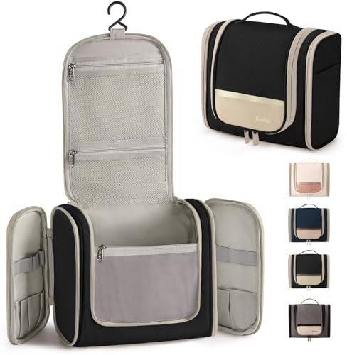 Rieeyrslza Trousse de Toilette de Voyage à Suspendre Cosmétique Sac Organisateur, Sac de Toilette pour Femme & Homme, Multi-Compartiments étanches, Convient pour Voyage, Camping, Gym(Noir+Beige)