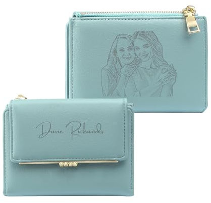 Jeweidea Portefeuille Personnalisé pour Femme avec Noms de Photo Gravés Petit Cuir Portefeuille avec Poche à Monnaie Zippée pour Maman Petite Amie Cadeaux Personnalisés de Noël (Bleu)