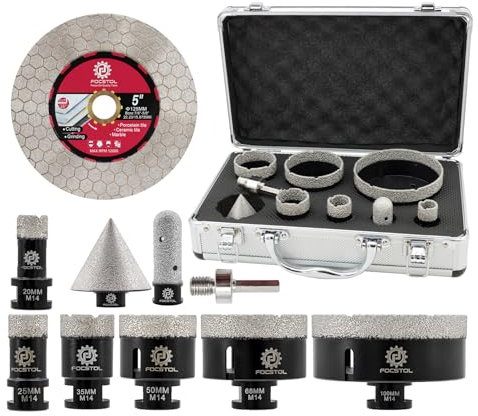 FOCSTOL Broca Diamante Porcelanico - Corona Diamante Porcelanico para Azulejos Marmol Ceramica 10 piezas (20/25/35/50/68/100mm+50mm Broca Chaflán Biselado+20mm Fresa+Adaptador+125mm Disco)