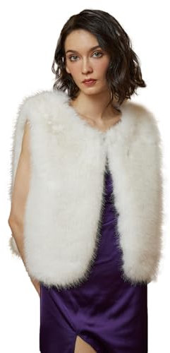 BEAUTELICATE Damen Kunstpelz Weste Mode Kunstfell Weste mit Taschen Warm Ärmellos Fellweste Kurz Frühling Herbst Winter (Off White - Kürzer, XL)