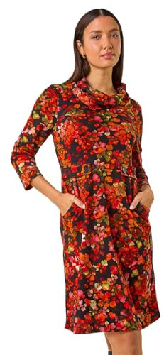 Roman Originals Cowl Neck Dress for Women UK - Ladies Button Detail Shift Work Office Autumn Winter Knee Length Casual 3/4 Full Length Sleeve Round High Warm Neckline - Red Orange - Size 16