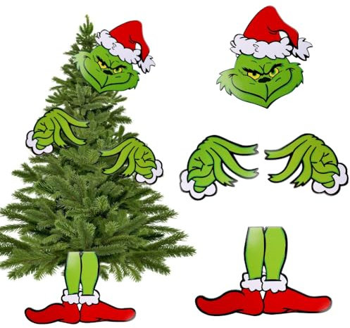 Christmas Tree Topper Decorations, Grinch Christmas Tree Ornaments, 4Pcs Elf Head Arm and Leg for Christmas Tree Stole Elf Leg Stuck Tree Topper Garland Ornaments