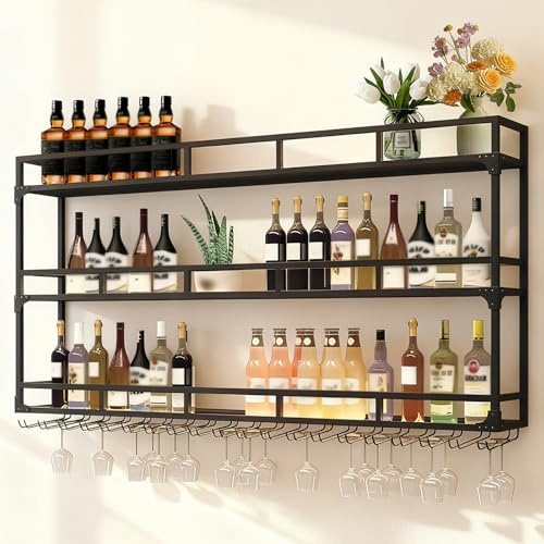 Wall Mounted Wine Rack, Metal Wine Rack Wall Mounted, Large Liquor Bar Display Shelf, Bar Unit Floating Shelves, Rack Iron Display Stand Wine Holder for Bar Cafe Home Kitchen (BLACK, 100*25*90CM)