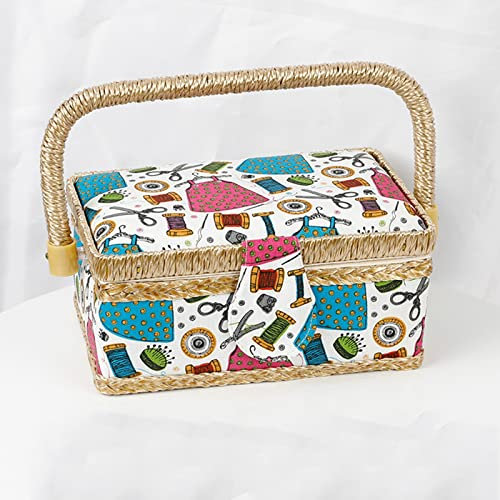 Nähkästchen-Organizer, Nähkästchen – Nähkorb mit Blumendruck-Design, Nähset-Aufbewahrungsbox mit herausnehmbarem Tablett, integriertem Nadelkissen und Innentasche (Farbe: Rosa, Größe: 19,5 x 13 x 10 c