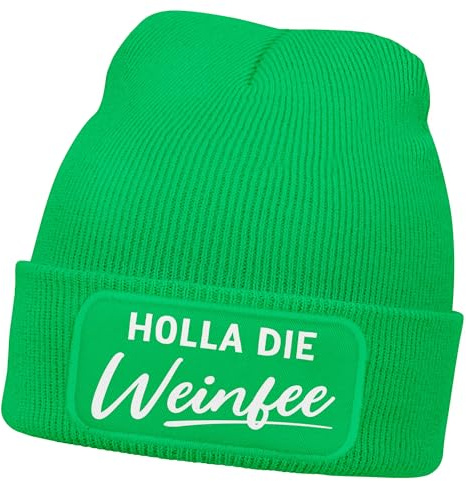 MoonWorks® Damen Beanie mit Patch Strickmütze mit Spruch Holla die Weinfee Aufdruck Lustig Damenmütze