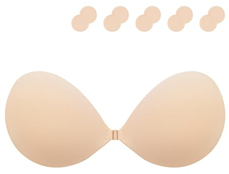 Klebe BH Push up Ohne Träger Unsichtbarer Trägerloser BH Sticky Bra zum Kleben Rückenfreier Klebe-BHS Trägerlos Klebebh Damen große Brust (DE/NL/SE/PL, Körbchengröße & Bandgröße, F, Beige)