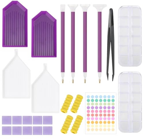26 pcs Diamond Painting Accessories, Diamond Art Tool Kit with 12 Grids Mini Box, Point Drill Pen, Tweezers, Glue Clay, Storage Case, Roller Tray, DIY Diamond Art Accessories for Nail, Embroidery