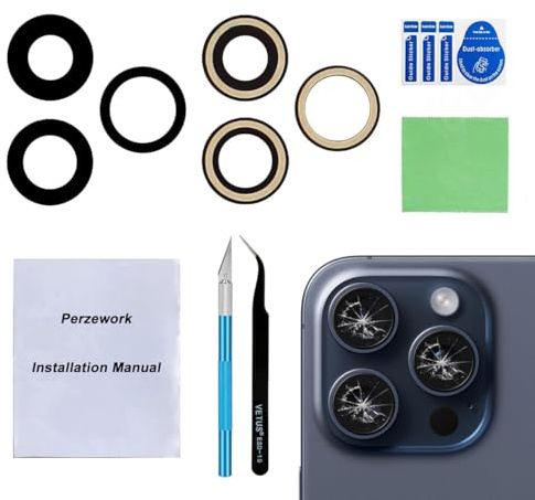 Perzework 2 Set Back Rear Camera Lens Glass Replacement for iPhone 15 Pro with Reparing Toolkit