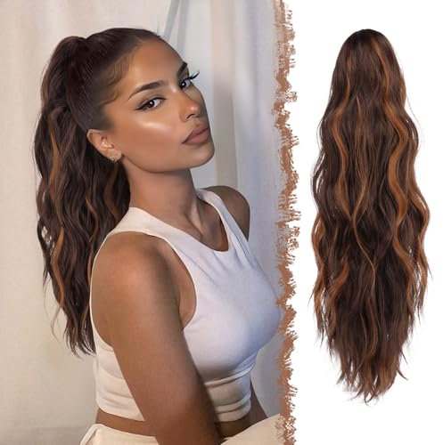 FESHFEN Gewellt Pferdeschwanz Haarteil mit Klammer, 50cm Pferdeschwanz Zopf Extensions Claw Clip in Wavy Ponytail Extension Synthetik Haarverlängerung für Frauen Damen Dunkelbraun und helles Rotbraun