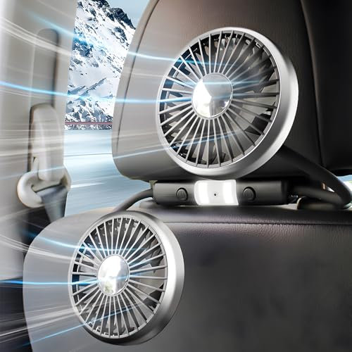 Lotvic Car Fan, Dual Head Car Fan with LED Lights, 3 Speed USB Powered Car Cooling Fans, Portable 360° Rotatable Quiet Car Back Seat Fans for SUV, RV, Truck, Vehicles