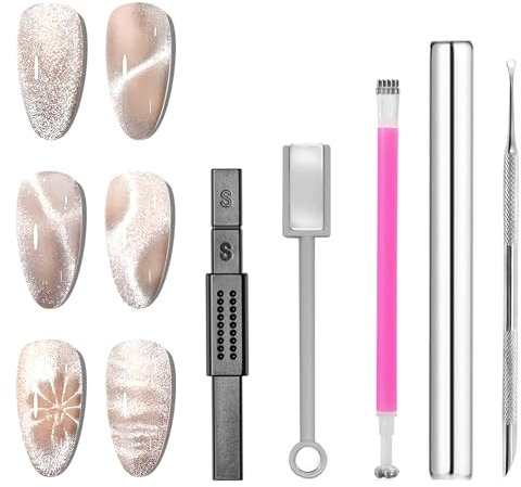 SHYSBV 5PCS Cat Eye Magnetic Nail Polish Kit, Cat Eye Gel Nail Polish Magnet Tools Set, Double-Head Nail Magnetic Cat Eye Gel Nail Polish Magnet Wand Strong Suction Board Nail Manicure Tool Set.