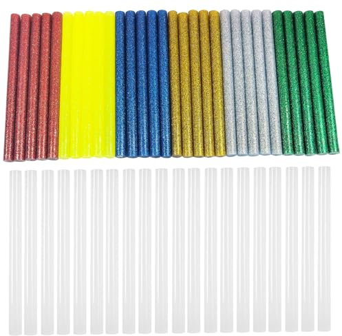 FZGUSYAF 50 bastoncini di colla a caldo 7 x 100 mm, 20 trasparenti e 30 colori glitterati per pistola per colla a caldo da 7 mm, 7 colori popolari