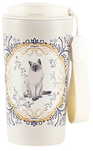 Animal Print Insulated Travel Mug 500ml, Ceramic‑Lined Stainless Steel Coffee Cup, Leakproof Lid with Sip Spout & Straw, Anti‑Slip Base, Carry Lanyard, Hot Cold Reusable Cup,CAT
