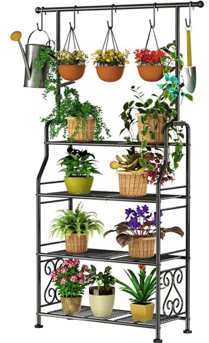 Jowkou 4-Tier Metal Plant Stand with Hanging Hooks, Heavy Duty Storage Shelf Unit, Rust-Proof Greenhouse Staging for Indoor Outdoor, Balcony Patio Garden Flower Shelf Black