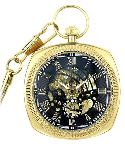 TruClothing Mechanical Skeleton Open Face Square Pocket Watch with Chain - Gold One Size