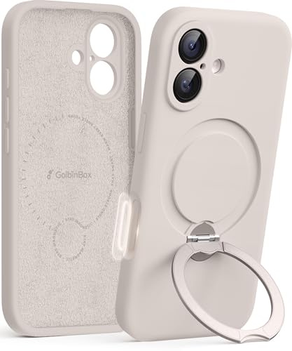 GolbinBox for iPhone 17 Case with 360° Spin Magnetic Stand, [Compatible with MagSafe][Full Camera Protection],Full Body Shockproof Liquid Silicone Phone Case with Ring Stand for iPhone 17 6.3'', Stone