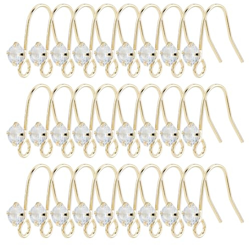 Hobbspring 28Pcs Cubic Zirconia Earring Hooks 14K Gold Plated Rhinestone Earring Hooks Crystal Dangle Finding Hook with Loops for Jewelry Making Accessories DIY Dangle Earrings Craft