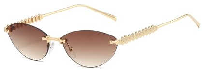 LJCZKA Retro Ovale Sonnenbrille für Damen Randlose Kleine Ovale Katzenauge Sonnenbrille 90er y2k Oval Schmaler Metall Rahmen Brille mit UV Schutz (GoldBraun)